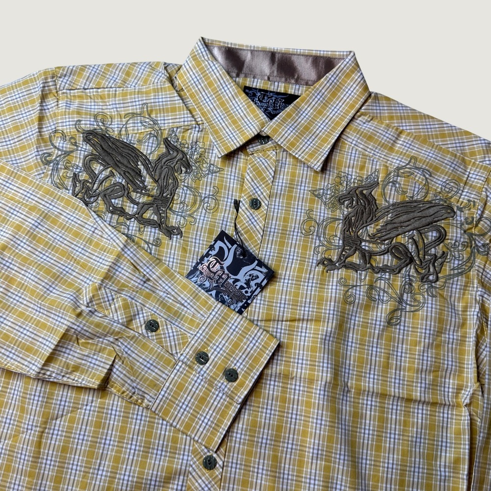 TM Exposure Shirt Mens XL Button Down Plaid Yellow Gryphon Embroidered Y2K NEW